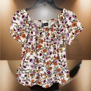Kristin Nicole Women’s Floral Print Blouse in Cream, Orange & Purple-L-EUC
